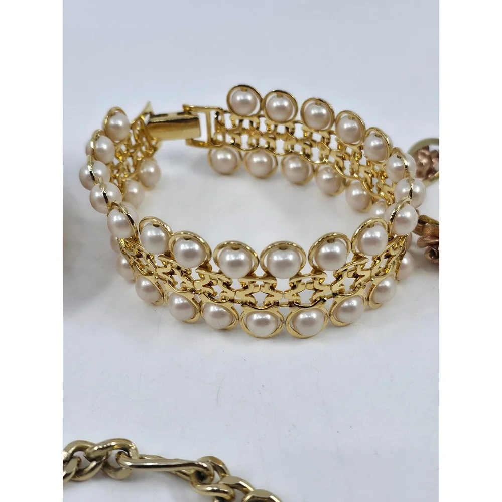 Lot of 7 Gold Tone Bracelets Mesh‎ Buckle Faux Pearl Rose Floral Enamel Bangle